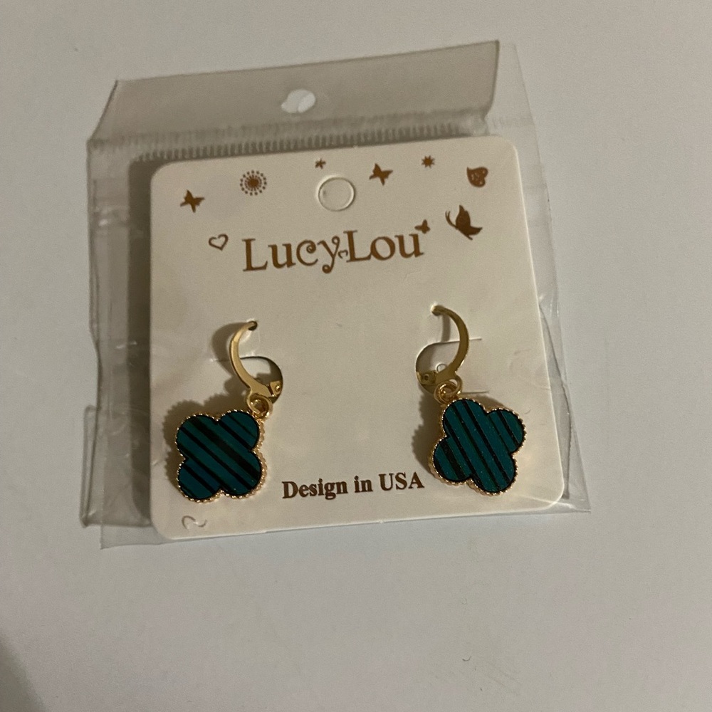 Lucy & Lou Gold Clover Drop Earrings - Teal & Black Stripes